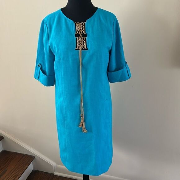 Tahari ASL bright turquoise woven gold hardware tasseled lace up bodice shift. 6 - Picture 4 of 9